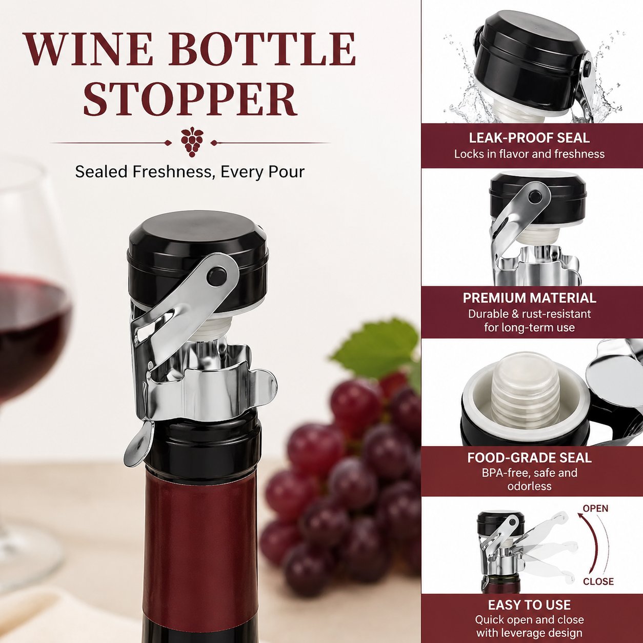 Wine Preservation Pump - Cabilock 3-delige roestvrijstalen flessenverzegelaar Premium stop